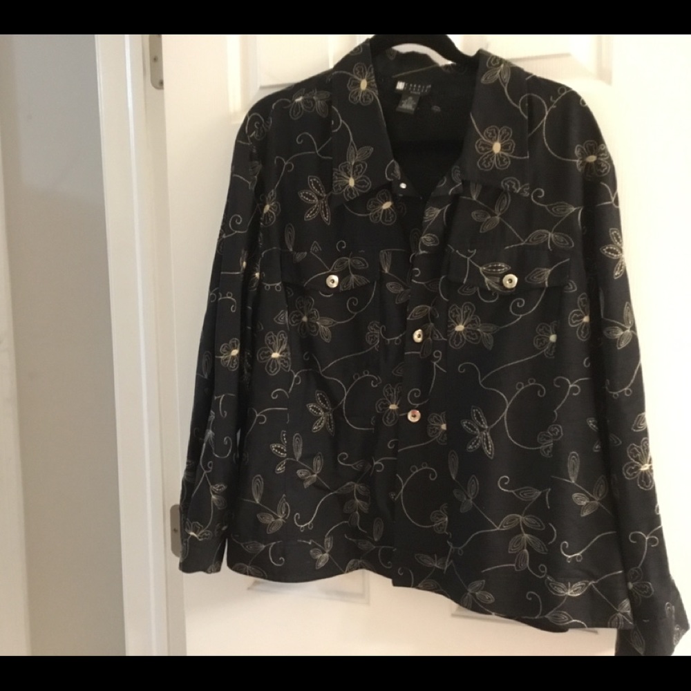 Carole Little Black Silk Button Down Jacket with Floral Embroidered Design
